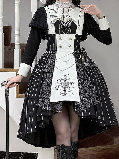 Chain+Pocket Chain+Detachable Collar Watch Embroidery+Waist Cross White Set Full Dress Striped with Nun Lolita Belt+Waist Black