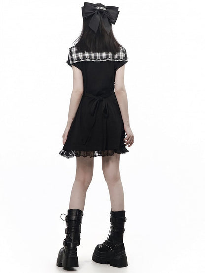 Dark Kawaii Black Plaid Sailor Collar Short Sleeve Dress with Cross Motif & Lace Trim, Gathered Waist - PINK SAVIOR