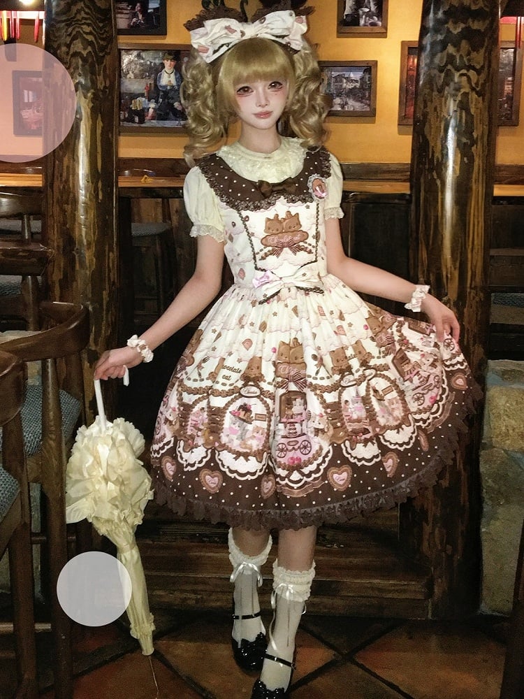 Sleeves Lolita Floral with Puff JSK Theme Cat Dress Sweet Chocolate Print