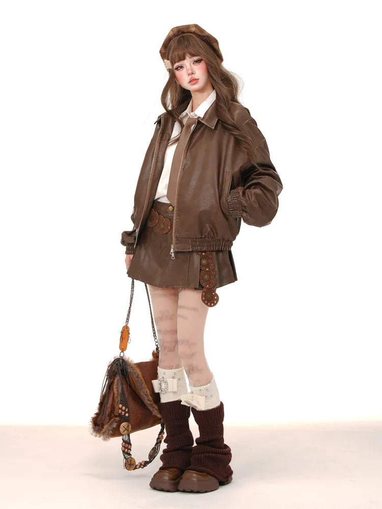 プリーツスカート PU ブラウン/ピンク