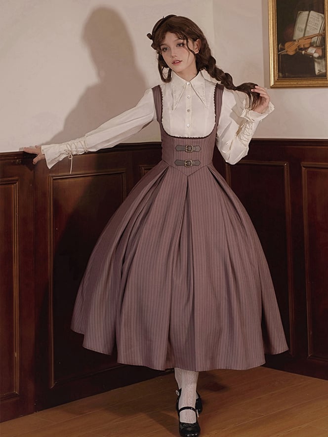 Braune lange Version unter der Brust, elegant, klassisch, Lolita JSK + Hemd + Minihut + Brosche + Halskette