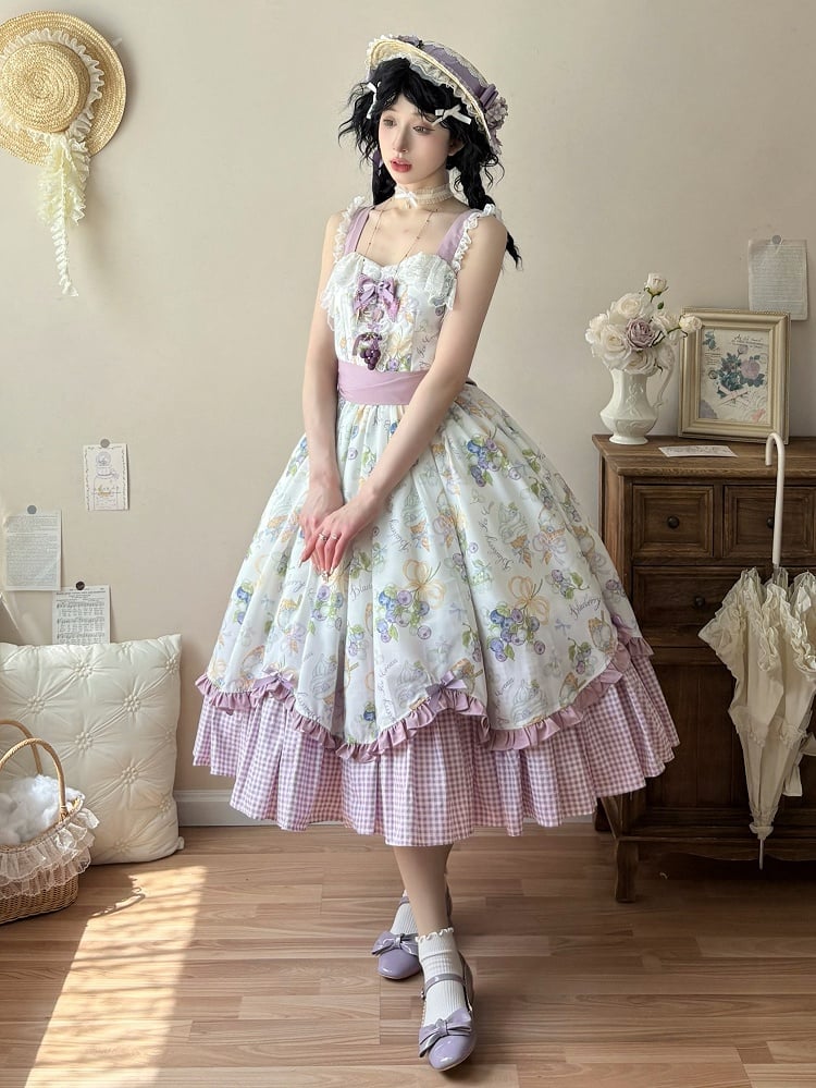 Lila Saum und Lolita Creme Print Ice Gingham Kleid Blaubeere