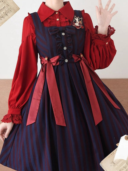 エレガントなレッドのポインテッドカラー長袖シャツ