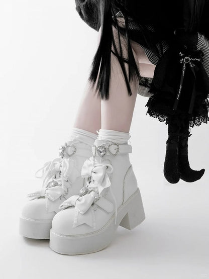 Ankle Lace-up Matte and White Jirai in Kei Buckles Sweetheart Boots with Rhinestones