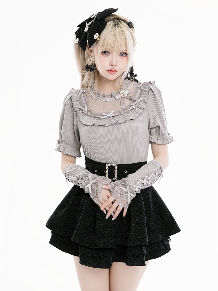 Jirai Kei Gray Blouse with Bowknot and Bead Decor, Illusion Neckline, Free Armwear - Fluffy Heart