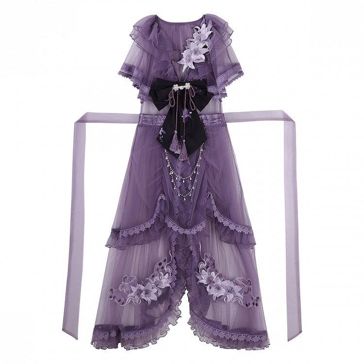 Floral Crossover Dress Neck Black Overdress Purple + Lolita Skirt Han Print Tulle