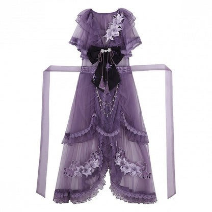 Floral Crossover Dress Neck Black Overdress Purple + Lolita Skirt Han Print Tulle
