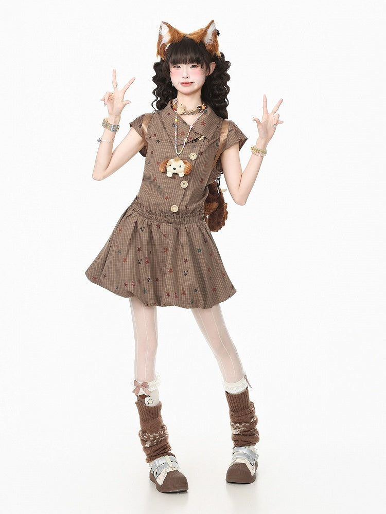 Coffee Two-Piece Short Sleeve Dress with Star and Plaid Pattern