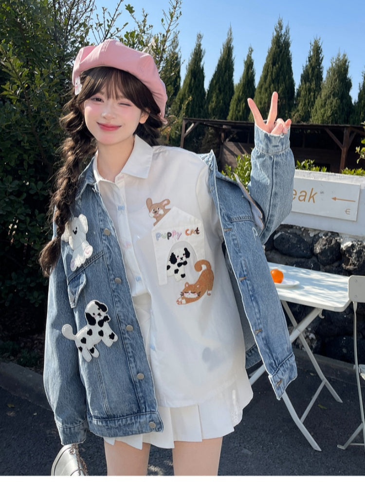 Wash Distressed Denim Jacket with Detachable Puppy Brooches Blue Faded
