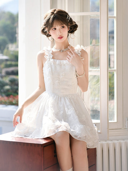 Sleeveless Dress Embellished Sweet White Ruffled Square Neckline Butterfly