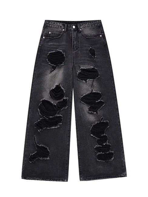 Distressed Wide-Leg Jeans mit verblasster Waschung in Schwarz mit niedriger Taille