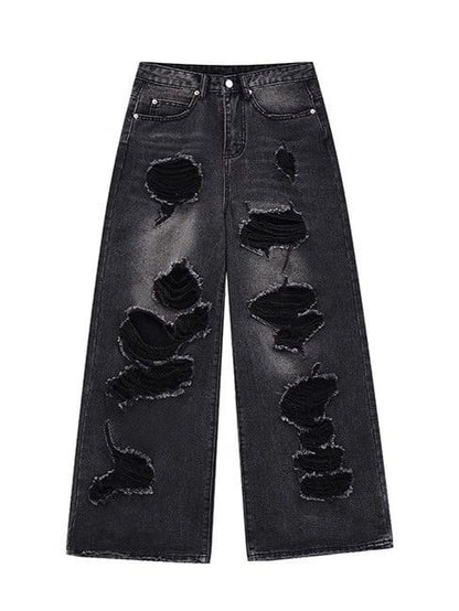 Black Distressed with Wide-Leg Low Wash Faded Waist Jeans
