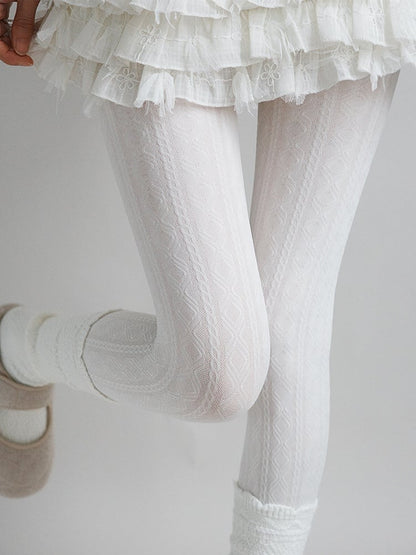 Tights Cable White Knit Diamond Milk