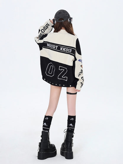 Fleece and Apricot Jacket Black Letters Embroidery Baseball with Colorblock Detachable