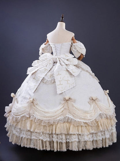 Ruffles Gown Lolita and Version Details Off-Shoulder Hime Hanayome Layered Bow with Champagne Long Lace