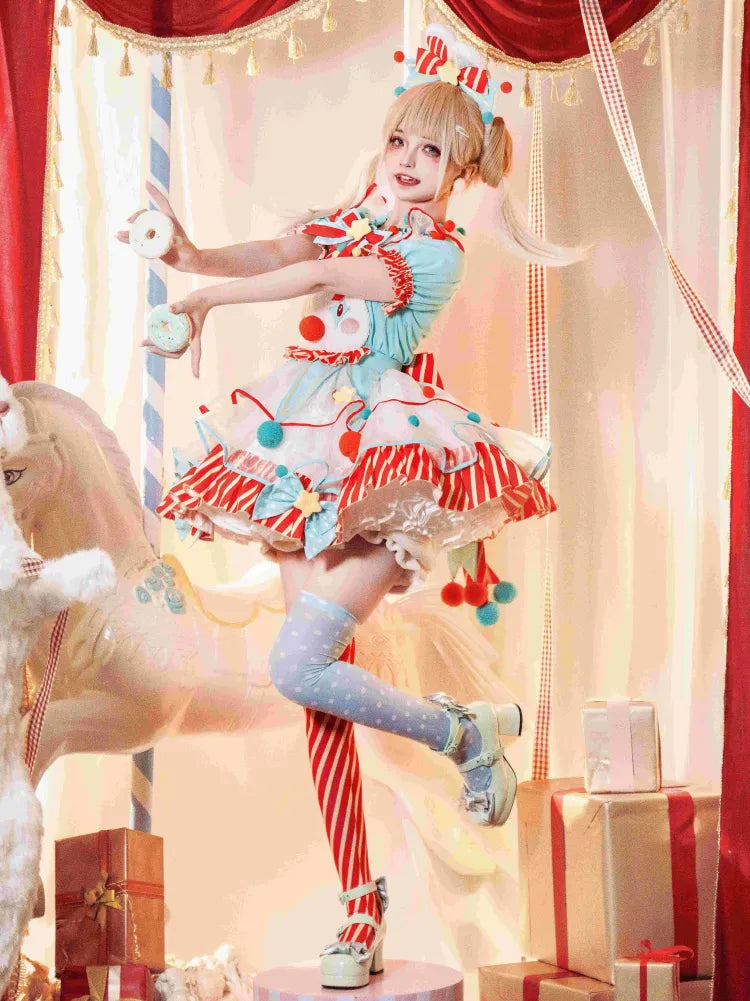 Fleece Clown Bunny Bodice Green and Orange Circus Sweet Lolita Overalls Pastel Clowncore Dress