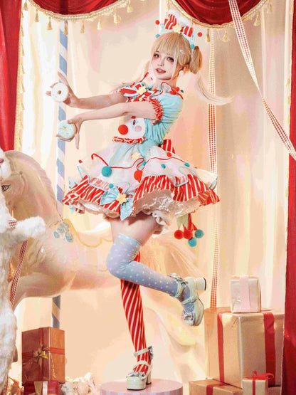 Fleece Clown Bunny Bodice Green and Orange Circus Sweet Lolita Overalls Pastel Clowncore Dress