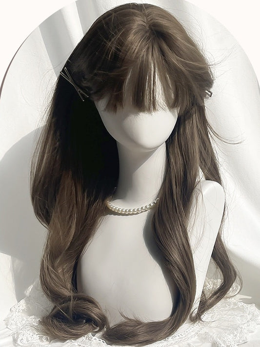 Braune lange gewellte Kunsthaarperücke mit Pony