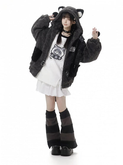 Raccoon-Inspired Ears Hooded Coat Tail Detachable Gray with Design Plush Cozy
