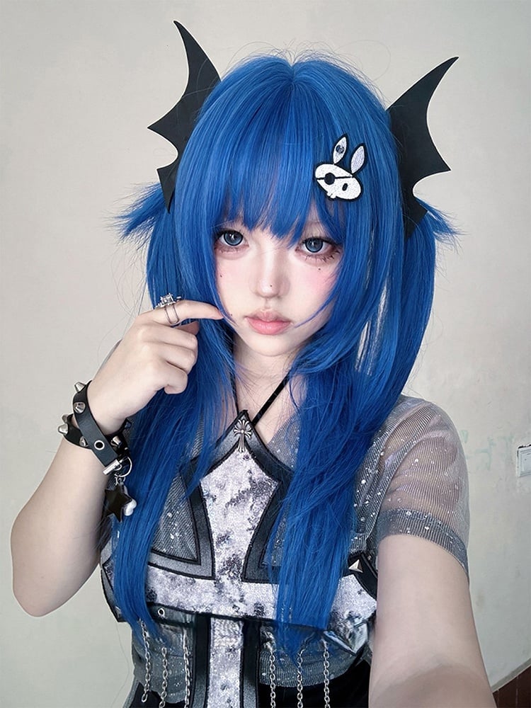 Straight Length Bangs Full With 63CM Wig Blue