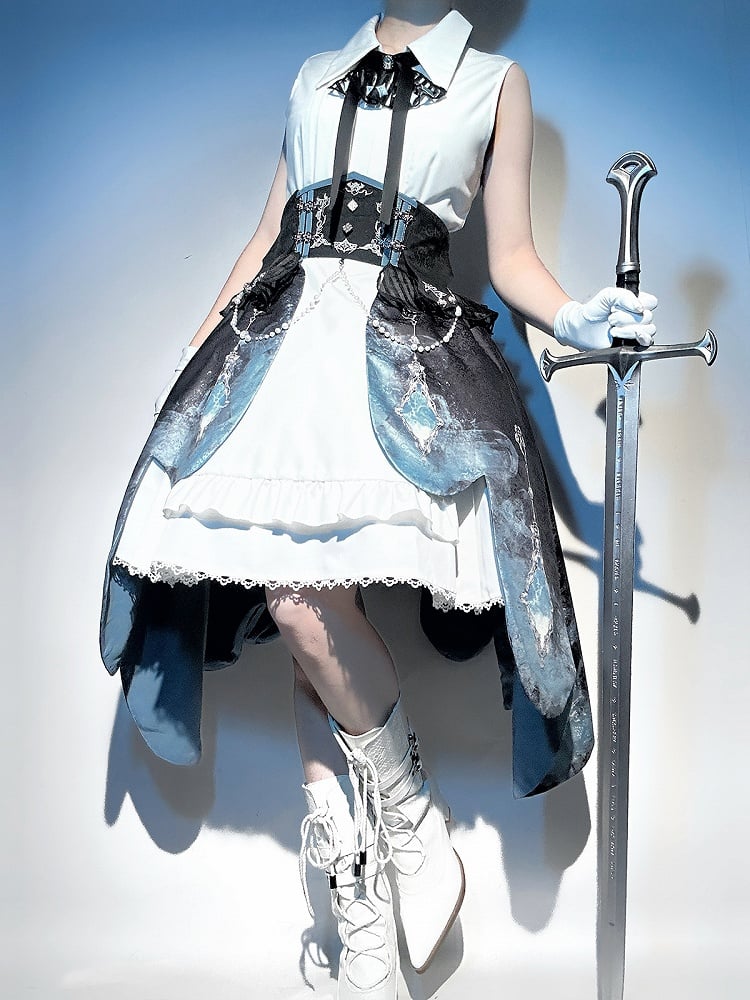 Taillen-Lolita-Militär-Set High-Low + Korsett, kurze weiße ärmellose Ärmel, voller Rock, futuristisches langes Top-Kleid