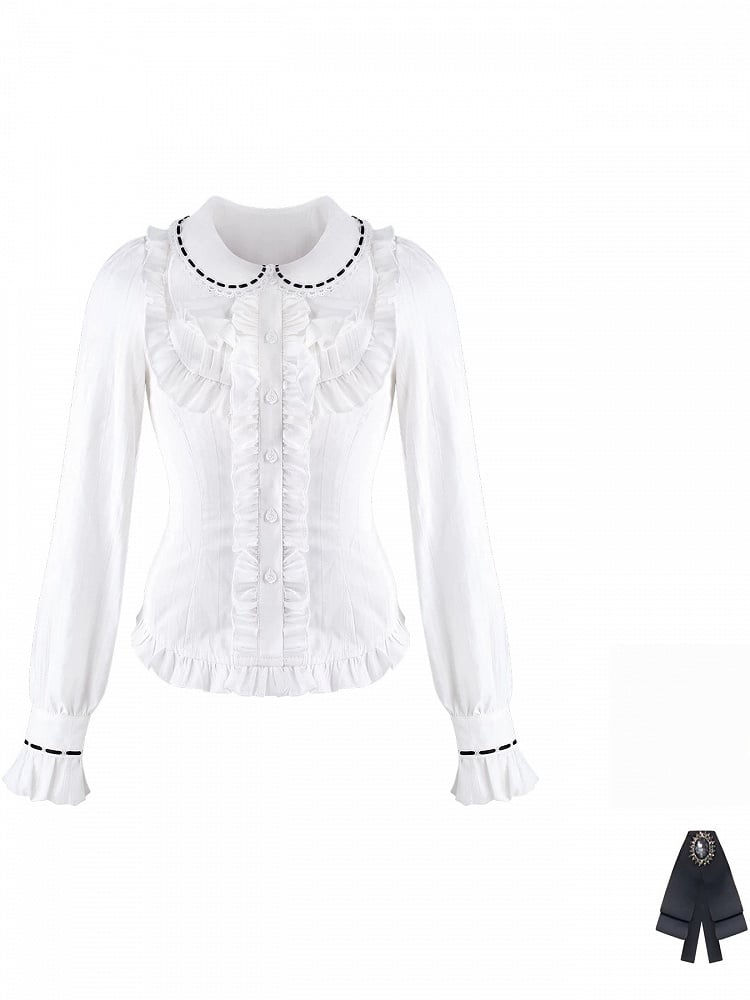 Preppy White Ruffled Peter Pan Collar Long Sleeve Shirt with Bow Tie - serendipity