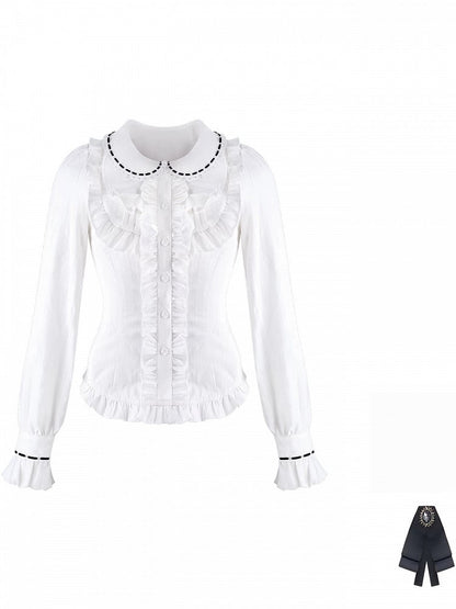Preppy White Ruffled Peter Pan Collar Long Sleeve Shirt with Bow Tie - serendipity