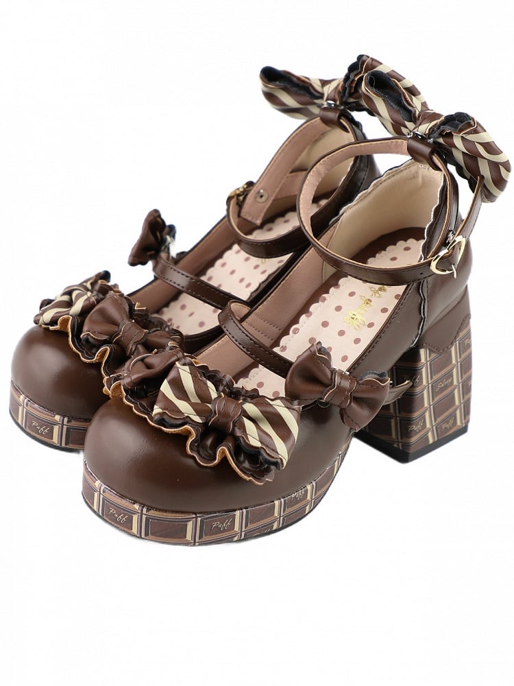 Herz Dunkelbraun Hohe Schokolade Heels Gestreifte Janes Bowknot Details Plattform Mary Schnalle