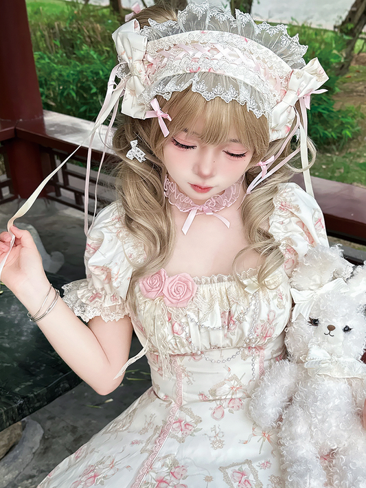 White Lace-Trimmed Rose Print Lolita Hairband with Bows - ZHIJINYUAN