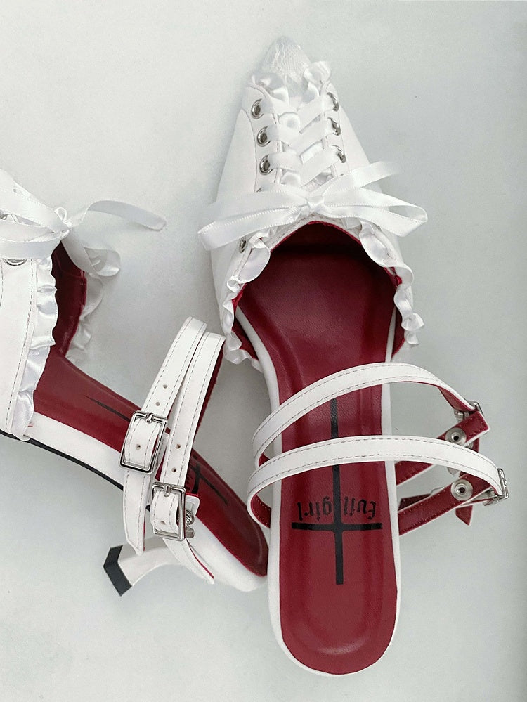 White Pointed Sandals Toe Gothic Slingback Lace-up Detail