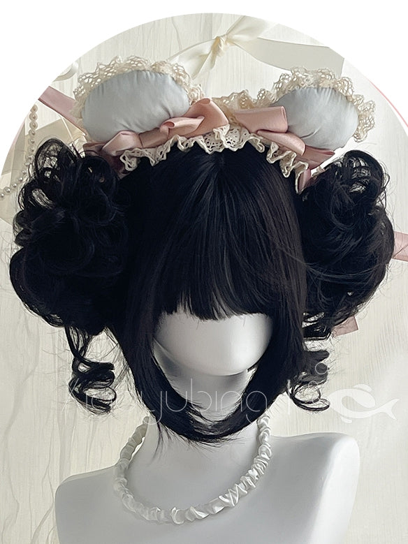 Bob Air Bangs Ponytails Wigs 22cm Two Black Curly + Claw With Cut