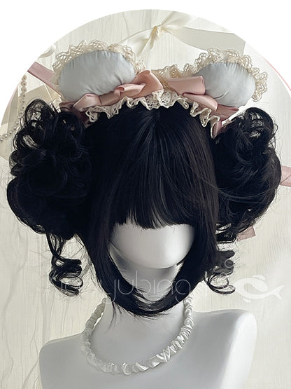 Bob Air Bangs Ponytails Wigs 22cm Two Black Curly + Claw With Cut