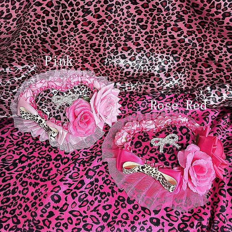 Pink/Rose Showa Ornate in Print Gyaru Hat | Rose Red Leopard Heart Style