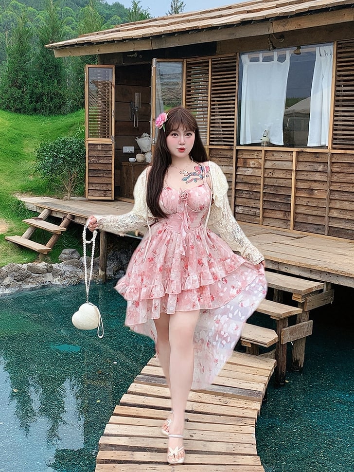 Rock High-Low-Rosettendruck Camisole Rosa Rüschen Übergröße Baskentaille Kaskadenkleid