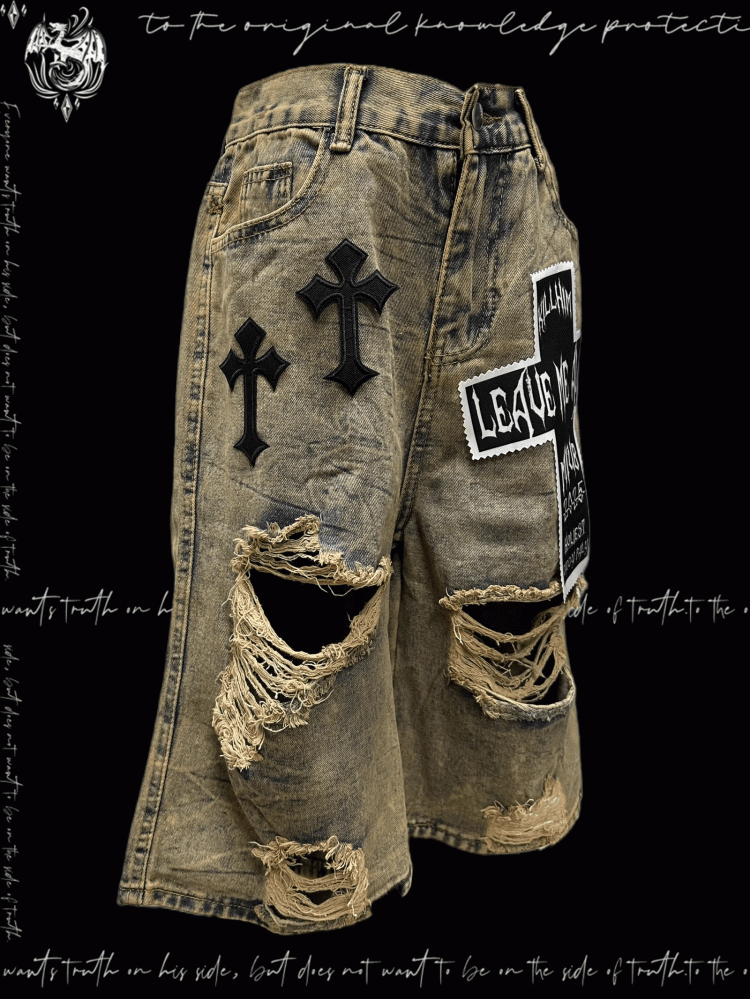 パンクなウェイストランドクロスのアップリケ、イエローのダメージ加工の穴あきデニムショーツ、Y2K