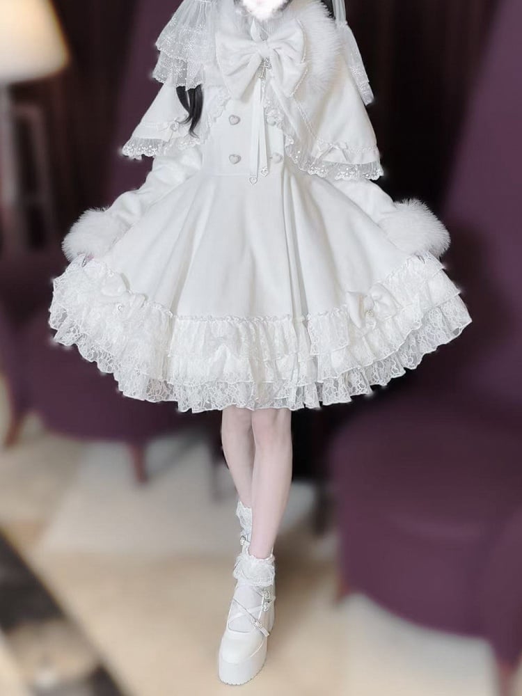 Jirai Kei White Tiered Lace Coat with Detachable Cape and Shaggy Collar