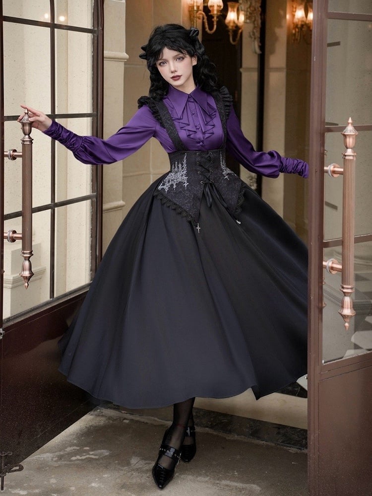 Foldover Shirt Ruffles Sleeves Pointed Lolita Long Purple Cascading Collar Gothic