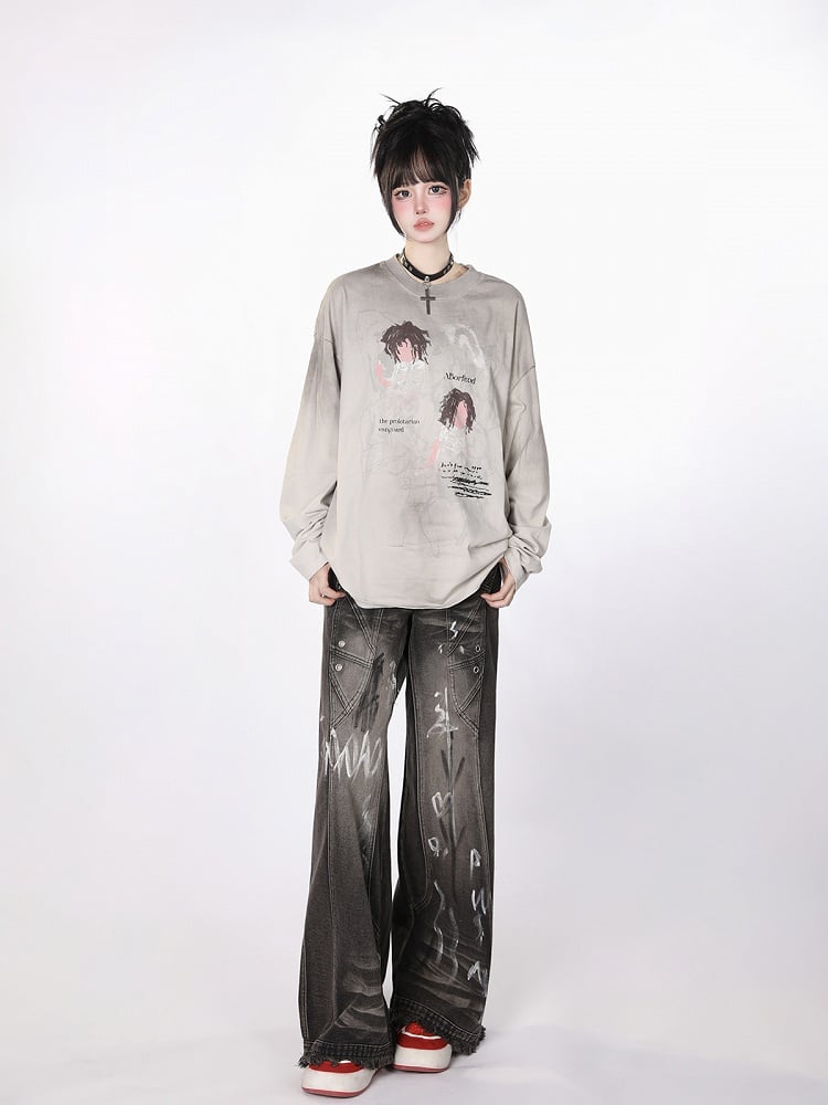 Black Closure Lines Visible Zipper Tie-Dye Graffiti Wide-Leg Jeans with Flowing