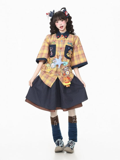Yellow Plaid Short Sleeve Shirt with Puppy Embroidery - Languid Park