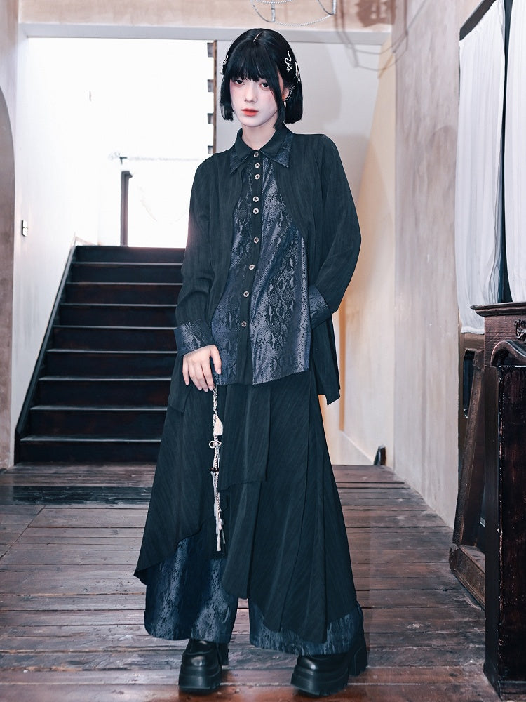 Black Collar Double-layered Shirt Gothic Snake Patchwork Print with Cheongsam