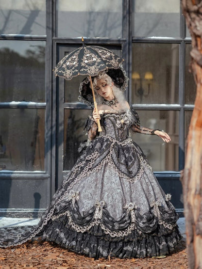 Lolita Gray Long Off-Shoulder Gown Lace Details with Ruffles Version Layered and Hime Hanayome Black Bow