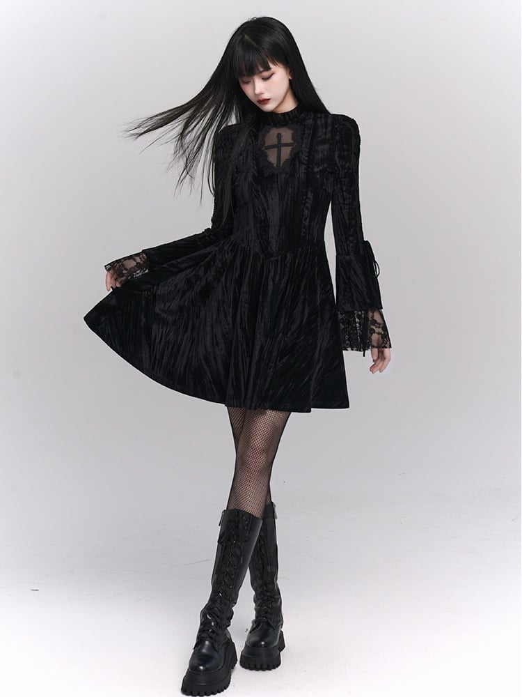 Black Gothic Cross Lace Trim Dress with Lace-up Detail at Bell Sleeves