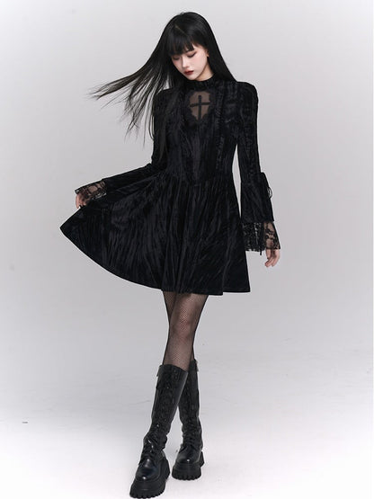 Black Gothic Cross Lace Trim Dress with Lace-up Detail at Bell Sleeves