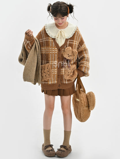 Brown Cute Cookie Bear Adorned Plaid Loose Cardigan