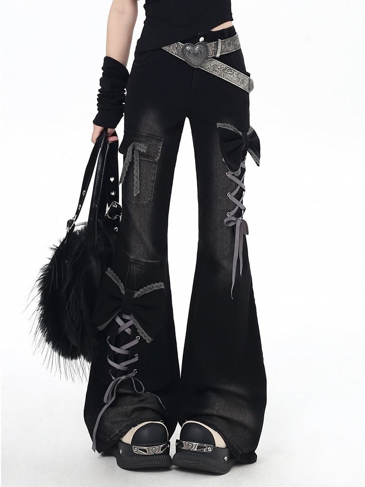 Flare Lace-Up ow Accents Detail Jeans Y2K Silhouette Black with Design