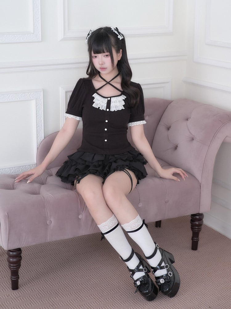 Black Jirai Kei Tiered Ruffled Skort - No Genki