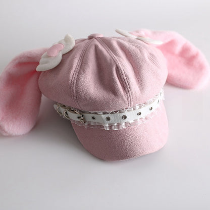 取り外し可能なウサギの耳が付いたピンクのスイートハートウィングベレー帽