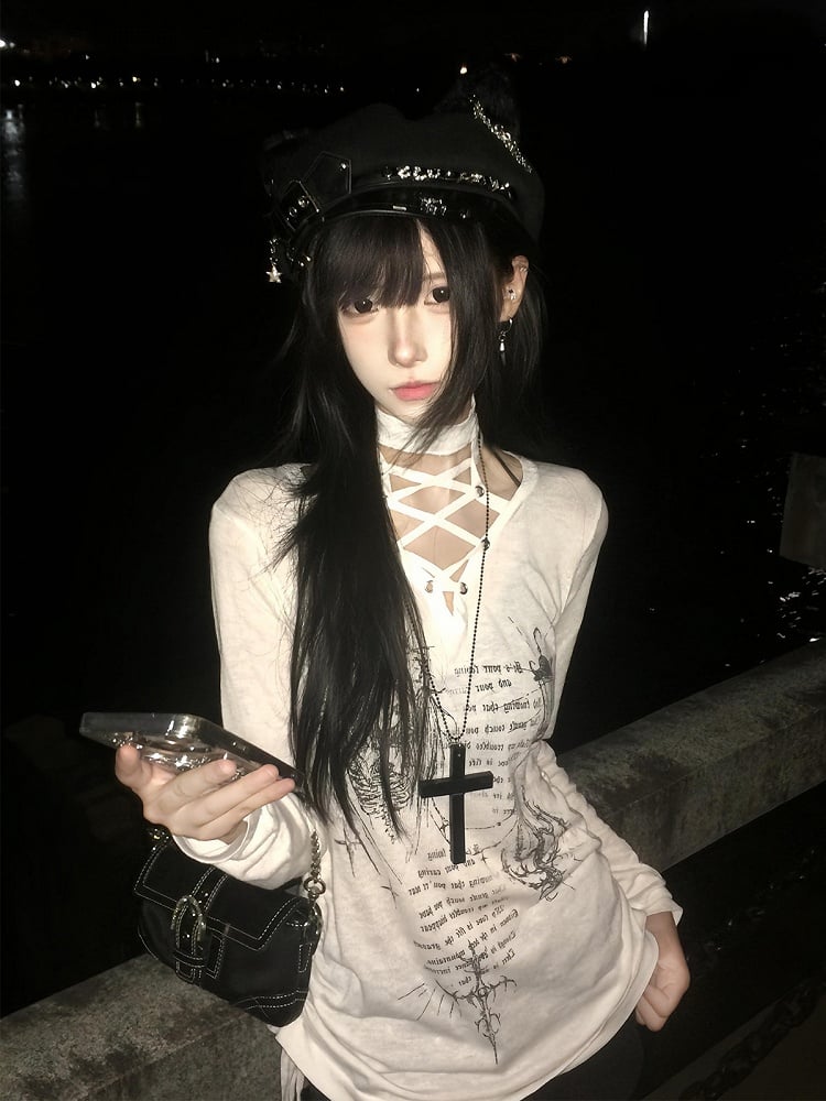 Y2K Lace-up Long Sleeve T-Shirt - y2k QUEEN