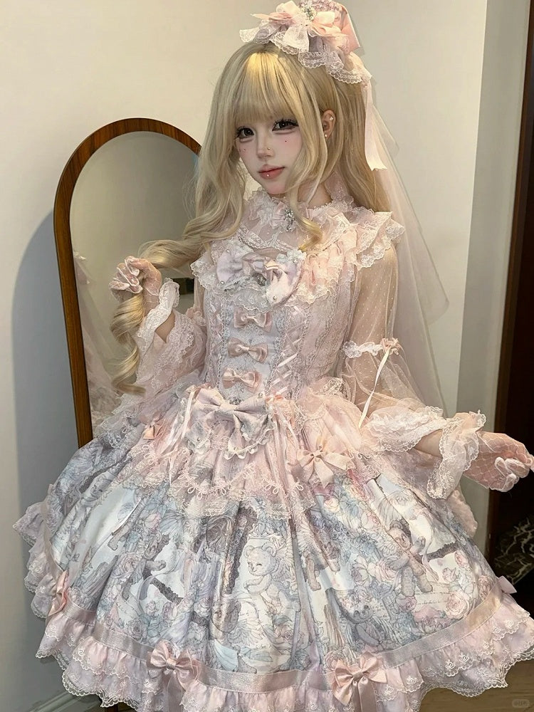 Sweet Pink Bowknot Hem Bear JSK Angel Dress with Decorated Print Lolita