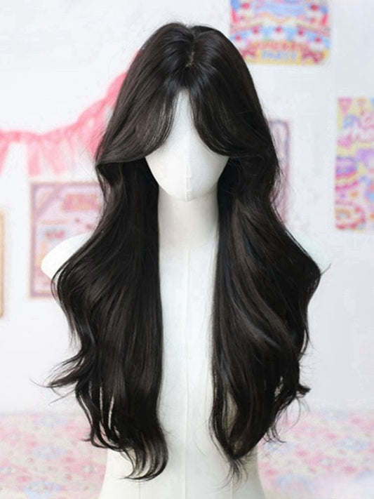 Schwarzer Tee, 65 cm lange, gewellte Perücke unter der Brust mit Vorhangpony